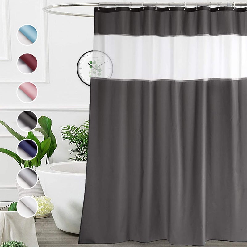 UFRIDAY Dark Gray Shower Curtain with White Mesh Top Window, Heavy Duty Fabric Bathroom Curtain Set with Weighted Bottom Hem, Water Repellency and Easy Care, 72x84 Inches, Extra Long - Image 1
